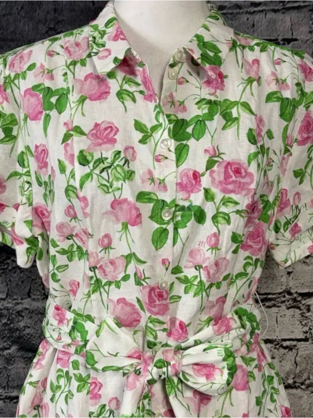 Hill House Laura Pink Rose Green Print Button-Up Linen Dress small - Picture 6 of 8
